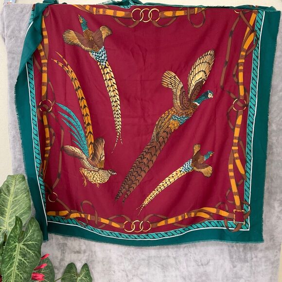 VTG Large Square Scarf Shawl Wrap Phesants/ horse Bit 45”x45”  Fringe - Picture 10 of 11